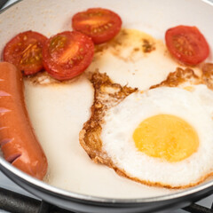 Easy quick breakfast - an egg, tomatoes and sausage are fried in a pan with a white ceramic non-stick coating
