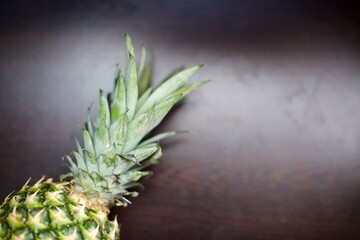 Close up view of tropical fruit pineapple. Blurry background  