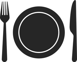 Plate, knife, fork silhouettes icons.