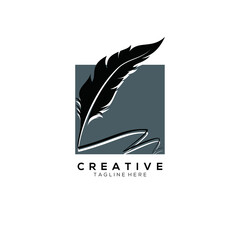 feather pen logo silhouette with square dark grey vector design template