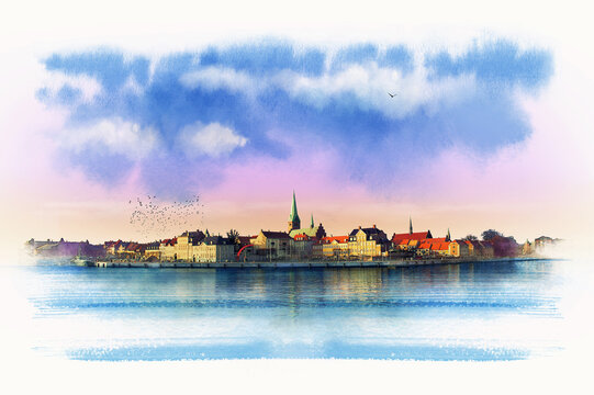 Panoramic view from the water of Copenhagen, Denmark. watercolor sketch.