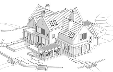 3d rendering of modern cozy clinker house on the ponds with garage and pool for sale or rent. Black line sketch with soft light shadows on white background