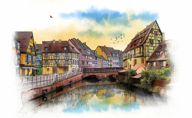 Panorama city of Colmar, France. Watercolor sketch - obrazy, fototapety, plakaty