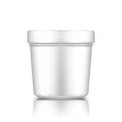 White plastic bucket mockup isolated from background: ice cream, butter or yogurt container. Package design for branding. Blank food, medical, beauty product template. 3d realistic vector illustration