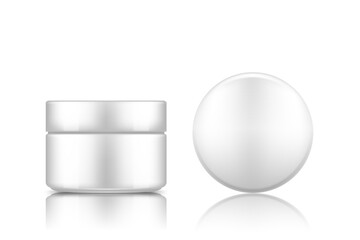 White cosmetic jar with cap top view mockup isolated from background: lotion, cream, mousse, powder. Plastic package design. Blank hygiene, medical, body or face care template. 3d vector illustration