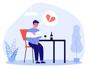 Unhappy man with broken heart drinking wine alone. Breakup, heartbreak, despair flat vector illustration. Alcohol addiction, divorce concept for banner, website design or landing web page