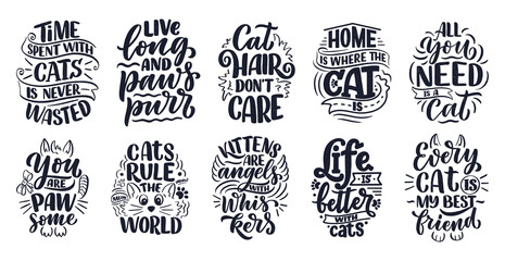 Set with funny lettering quotes about cats for print in hand drawn style. Creative typography slogans design for posters. Cartoon vector illustration.