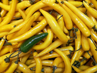 A lot of hot pepper yellow color and one is green, top view