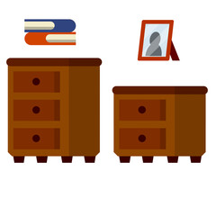 Nightstand and small wardrobe. Brown wooden furniture with drawers. Element of the room interior. Bedside table. Flat cartoon