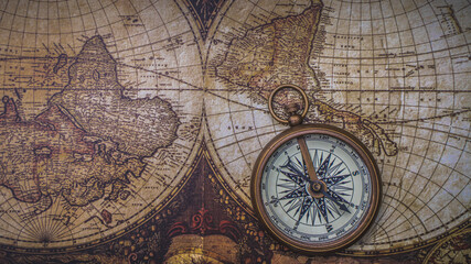 Fototapeta na wymiar Old World Map With Vintage Compass