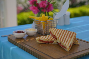 toast served with fries and sauces
