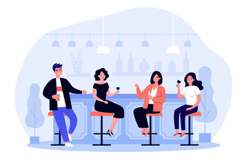 Group of people drinking wine and beer in pub. Cheerful men and women sitting at bar counter with wineglasses and talking. Vector illustration for alcohol, celebration, leisure concept