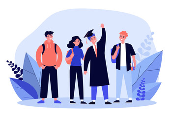 Happy school or college graduate. Student wearing gown and hat, celebrating graduation with friends flat vector illustration. Education, ceremony concept for banner, website design or landing web page