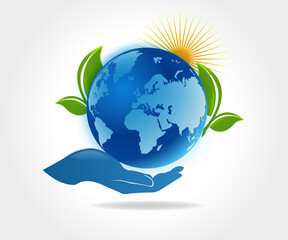 Logo hand care world earth planet leafs and sun vector image