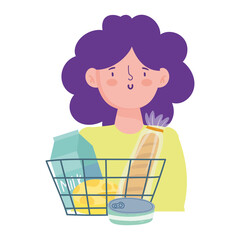 woman with shopping basket with products, food delivery in grocery store