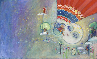 Hugs to the Moon. Children's art of mother and child in balloon hugging the moon. Scene is whimsical, magical ad imaginative. Traditional, mixed medium art that has a lot of texture.