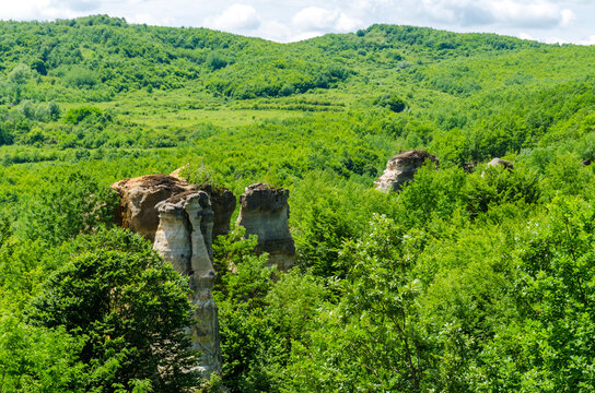 Spectacular cliffs in the geological reservation of Dragon's Garden from Galgau Almas village on Salaj County, Romania