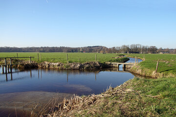 Pasture landscape in winter in North Holland near Bergen. Meadows, farms, ditches with the dunes in the distance. The Netherlands, February 7, 2020.       