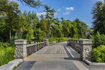 View of beautiful public Lake Wilcox Park. Park is 5.48 hectares of exceptional waterfront parkland reflective of area cultural, historical and environmental heritage. Richmond Hill, Ontario, Canada.