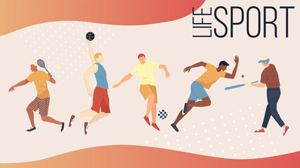 Active Kinds Of Sports Concept. Group Of People Performing Sports Activities Outdoors. Men And Women Play Basketball Football, Golf, Tennis, Baseball And Run Sprint. Cartoon Flat Vector Illustration