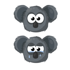 Koala is crying. Extinction of Australian animal. Set of gray cute bear Heads. face of a funny and sad character. Protecting the beast from disaster and tears.