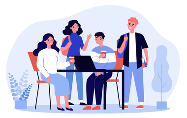 Happy students drinking takeaway coffee. Group of young people using laptop together flat vector illustration. Friendship, communication concept for banner, website design or landing web page