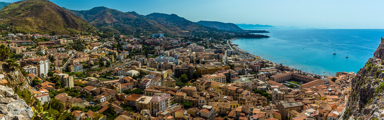 Fototapeta na wymiar A view over the town of Cefalu, Sicily from the mesa behind the town in summer
