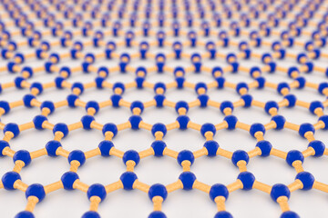 3D rendering of graphene surface, blue carbon atoms, yellow bonds, light background
