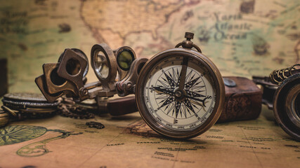 Fototapeta na wymiar Old Map And Compass