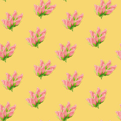 Fototapeta na wymiar Floral seamless pattern made of roses. Acrilic painting with pink flower buds on yellow background. Botanical illustration for fabric and textile, packaging, wallpaper