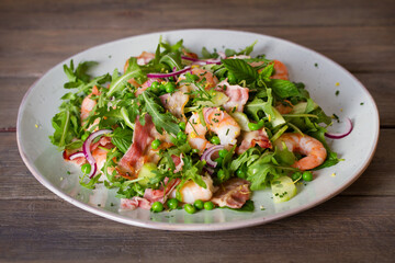 Shrimp bacon and green peas salad. Healthy food