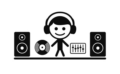 Silhouettes of DJ with loudspeakers and vinyl record