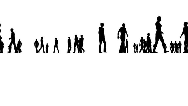 Crowd People Walking 3D Animation Silhouette 4K resolution White Background
