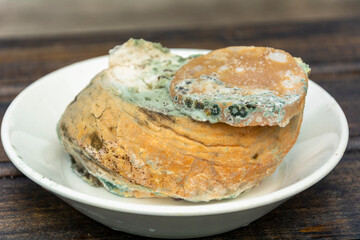 sandwich with sausage covered with mold 7 days. lies on a wooden background