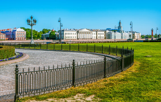 The fence around the Bronze Horseman overlooking the Kunstkamera, the Spit of Vasilyevsky Island and the Rostral Column. Saint Petersburg. Russia