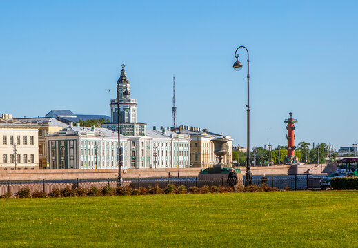 View of the Kunstkamera, the spit of Vasilyevsky Island and the Rostral Column. St. Petersburg. Russia