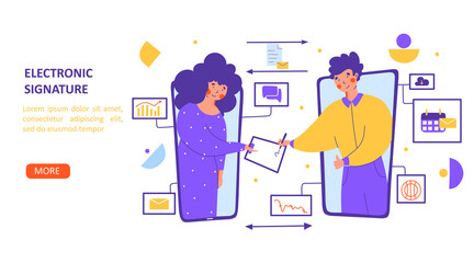 Electronic signature Business conference flat vector illustration. Home office concept.