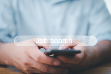 job search concept, find your career, Man looking at online website by smart phone. People searching for vacancies or position on the internet, recruiting, finding jobs.Unemployed and poor economy