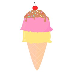 Vector illustration of ice cream. Ice cream cone flat style. Hand drawn art ice cream design for poster. Sweet dessert pastry vector illustration.