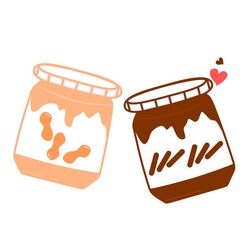 Couple of jars with peanut butter and chocolate cream in flat style. Cupping glass of chocolate nuts cream. Vector art illustration icon chocolate and peanut.