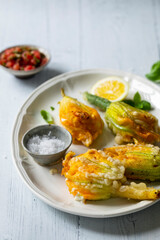 Fried courgette flowers stuffed with riccotta cheese
