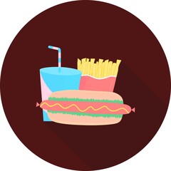 Fast food in circle icon with long shadow vector illustration. Fast-food of french fries, hot dog icon and soda drink illustration. Set of flat fast food.