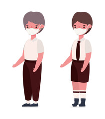 Boys kids with uniforms medical masks design, Back to school and social distancing theme Vector illustration