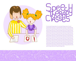 Concept presentation speech therapy. School speech development. Cute childrens drawings icons in kavai style on the topic of speech therapy. Friendly speech and articulation classes