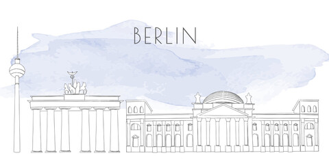 Vector illustration with Berlin landmarks. Graphite contour, blue watercolour background © Карина Дорожкина