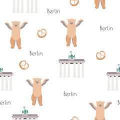 Vector seamless pattern with Berlin symbols. Bear, Brandenburg gate and pretzel