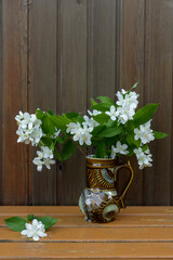 jasmine branch in a vase on a wooden table
