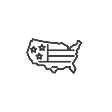 American Flag Map Line Icon. Linear Style Sign For Mobile Concept And Web Design. Map Of United States With Flag Outline Vector Icon. Symbol, Logo Illustration. Vector Graphics