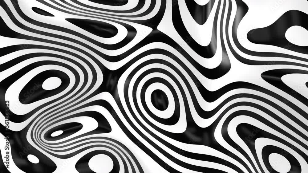 Poster Abstract black and white liquid moving surface. 3D wavy striped motion background. B&W lines pattern. Liquid shape 3D animation. 4K seamless loop. 