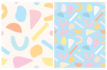 Simple Abstract Geometric Seamless Vector Patterns. Light Pink, Pastel Blue, Pale Yellow Irregular Dots, Stripes, Triangles, Semicirles Isolated on a White and Blue Backgrounds. Infantile Style Print.